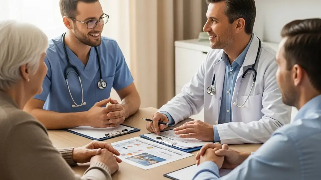 Equipe multidisciplinar composta por médica geriatra, nutricionista, farmacêutico e enfermagem colaborando no cuidado ao idoso