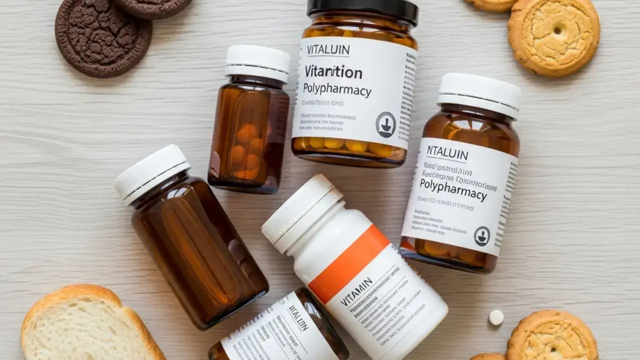 Ilustração de fatores de risco para idosos, destacando polifarmácia e dieta inadequada como causas comuns que afetam a suplementação vitamínica e a saúde geral