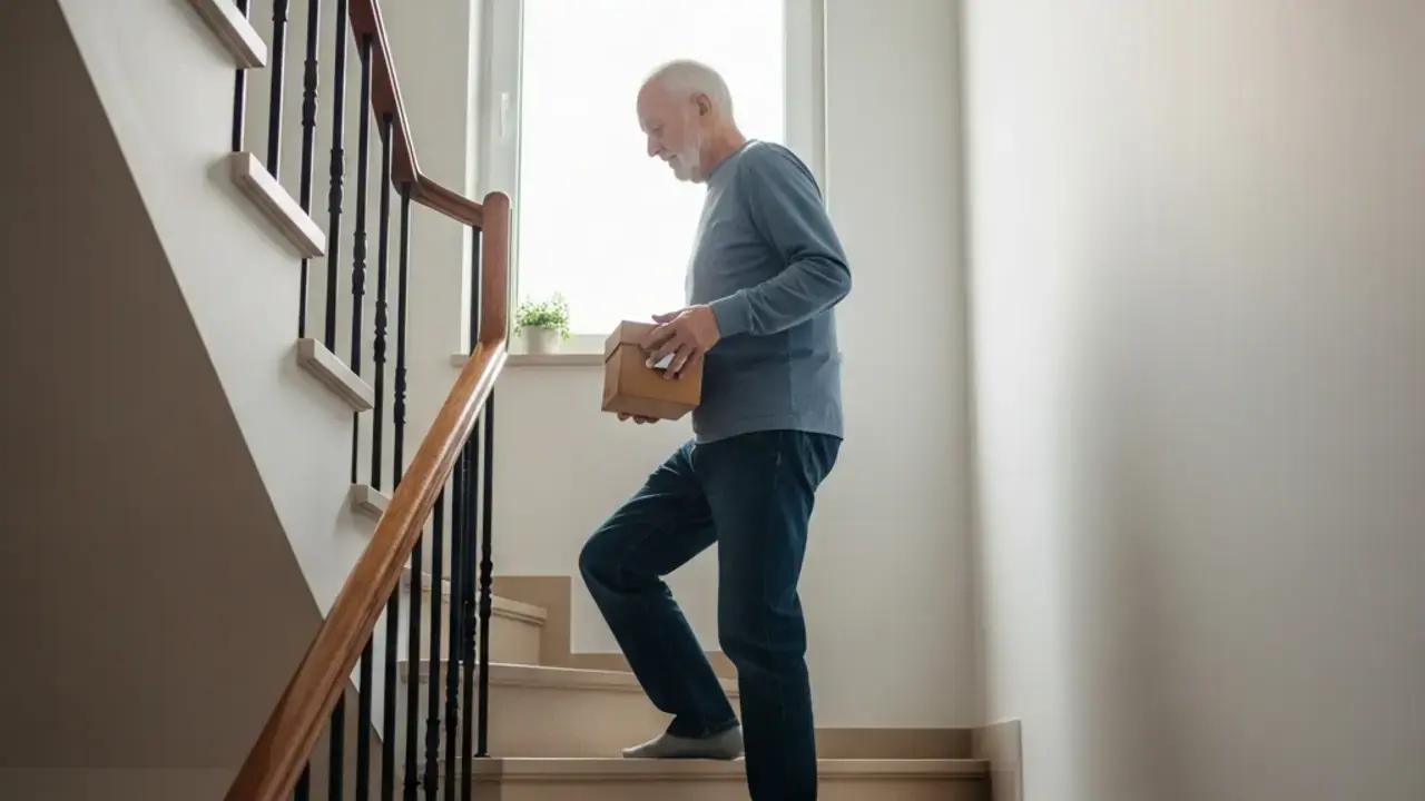 Idoso caminhando com autonomia e energia, simbolizando a importância da suplementação vitamínica para a manutenção da mobilidade e saúde na terceira idade