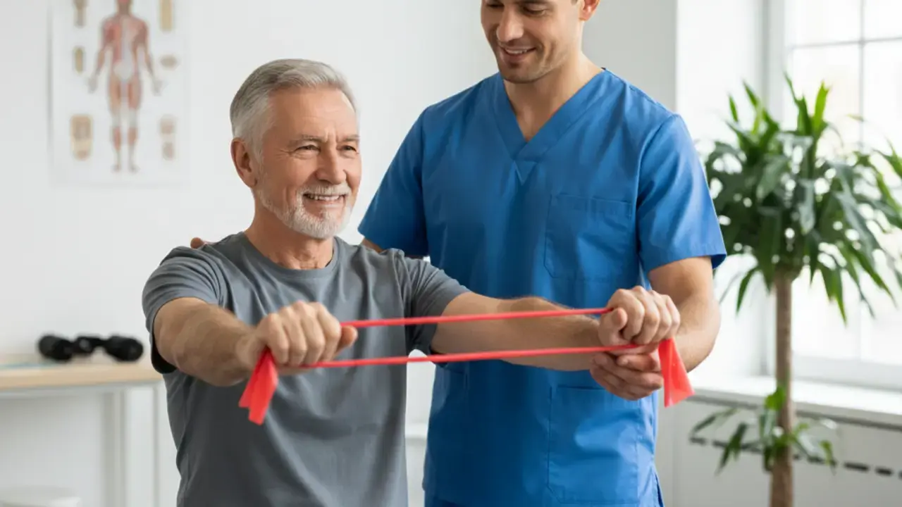 Idosa sorrindo enquanto faz exercício de força com halteres supervisionada, representando a importância do treino de força no cuidado geriátrico integrado.