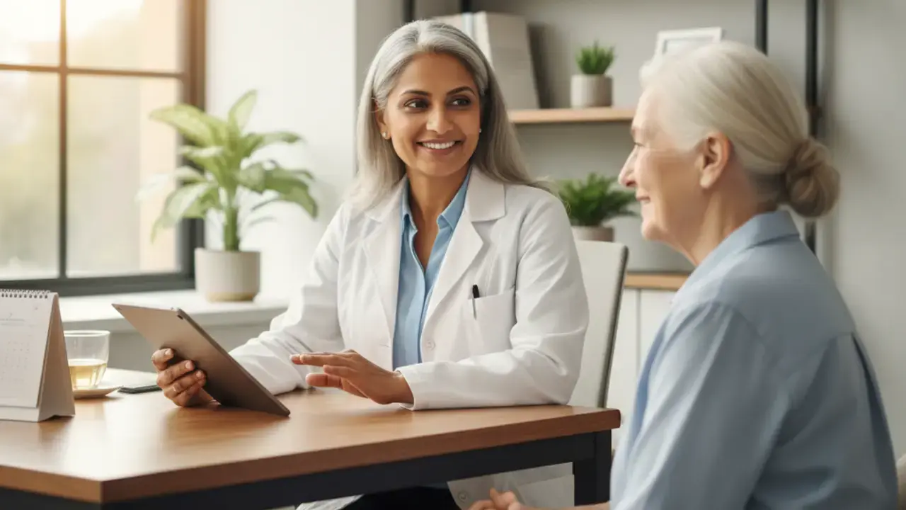 Dra. Priscila Ornelas em consulta com paciente idosa, ilustrando a primeira avaliação geriátrica humanizada e o início do plano de cuidado integrado.