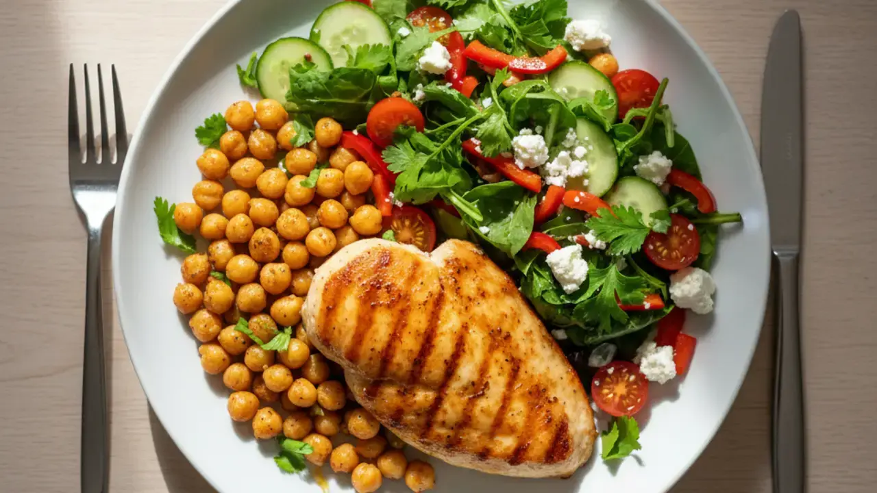 Alimentos ricos em proteína dispostos em uma mesa, essenciais para idosos manterem massa muscular e energia, promovendo a autonomia na velhice.