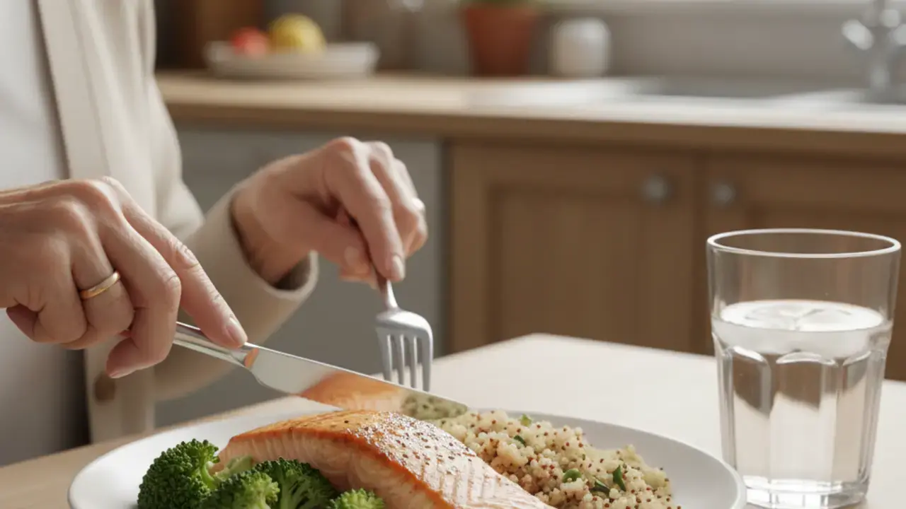Idosa sorridente segurando uma tigela de alimentos ricos em proteína, como frango desfiado, ovos e vegetais, destacando a importância da alimentação proteica adequada para idosos.