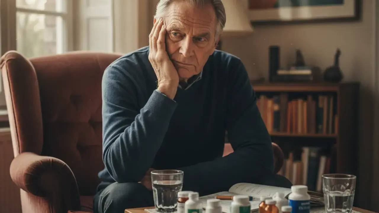 Múltiplos frascos de medicamentos em uma mesa, simbolizando a polifarmácia e outros fatores de risco importantes no declínio cognitivo em idosos.
