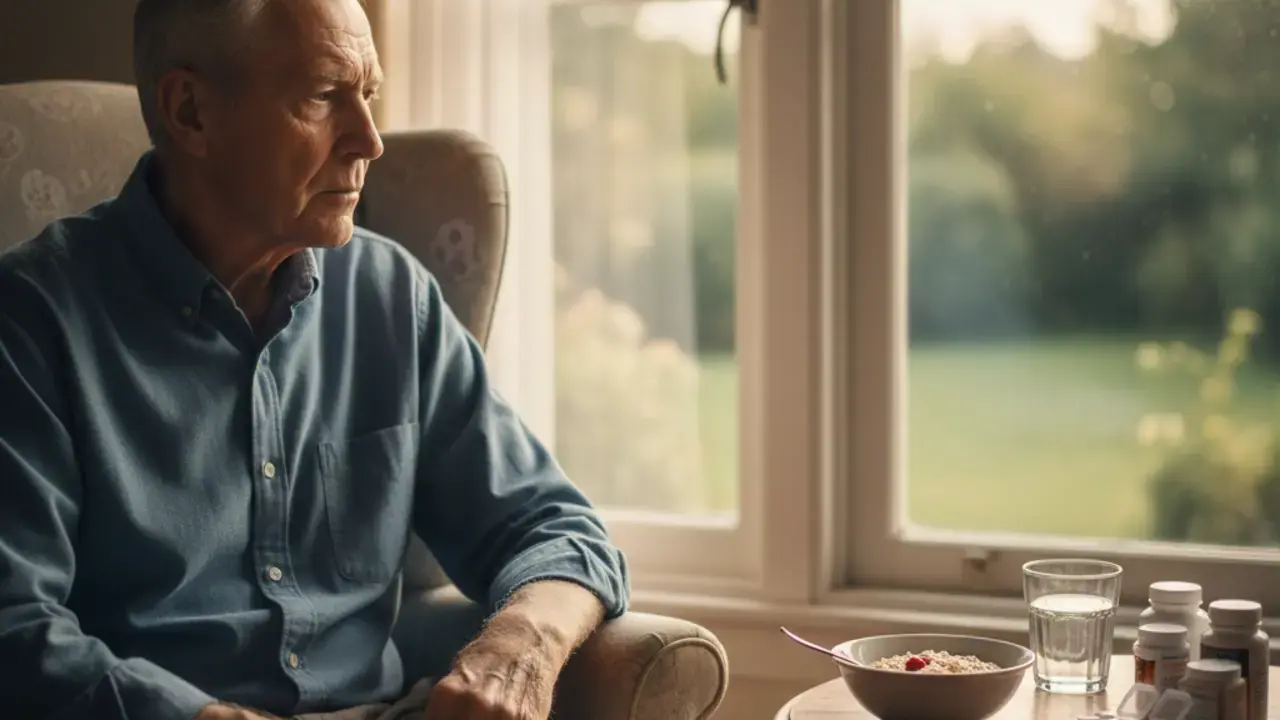 Idoso sentado à janela com remédios, refletindo a vulnerabilidade de idosos a deficiências vitamínicas e interações medicamentosas.