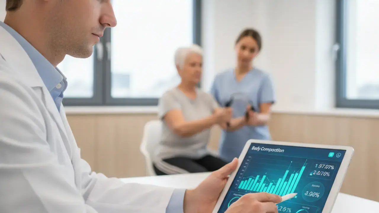 Diagnóstico preciso da sarcopenia com testes de força, avaliação da composição corporal e histórico de saúde.