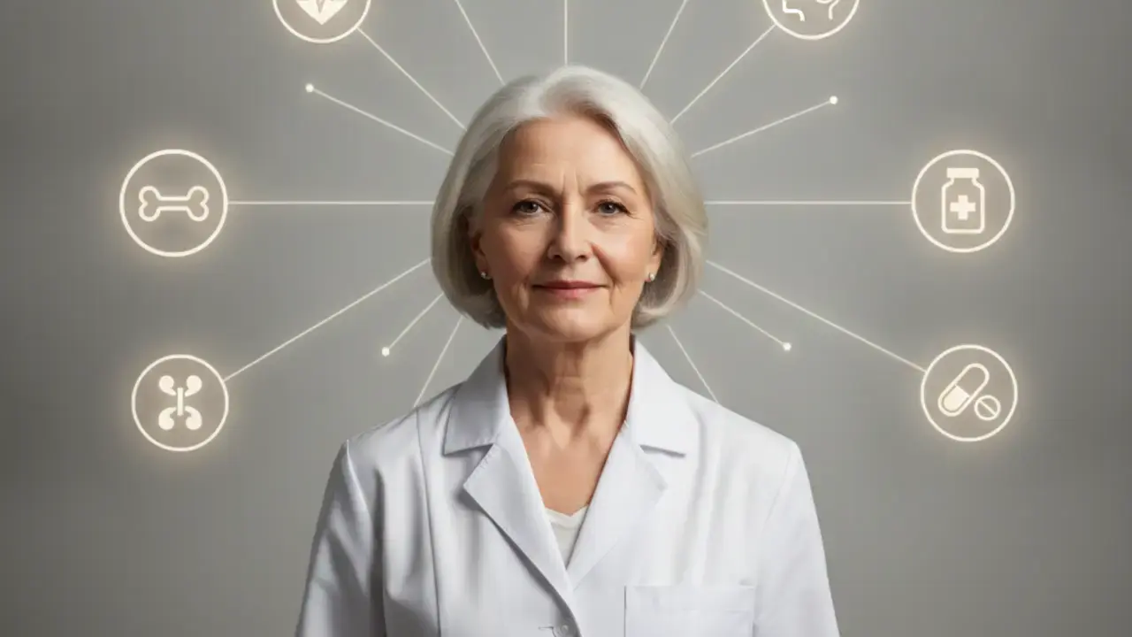 Geriatra atuando como maestro, coordenando o plano de saúde e os cuidados multidisciplinares para um idoso em um ambiente hospitalar ou de consultório.